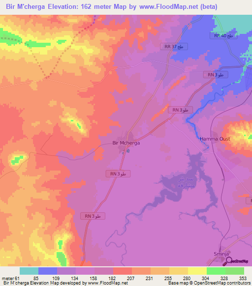 Bir M'cherga,Tunisia Elevation Map