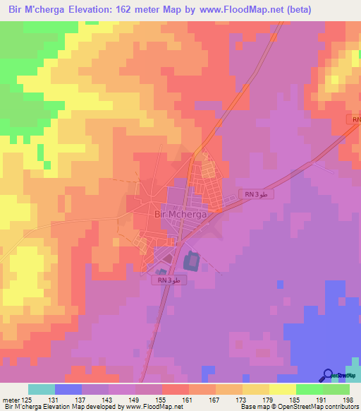 Bir M'cherga,Tunisia Elevation Map