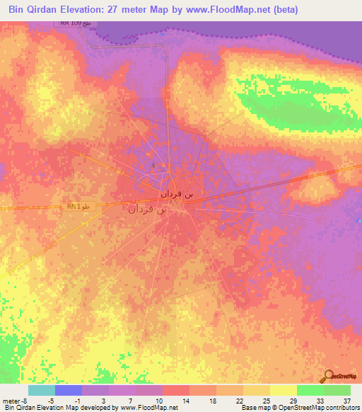 Bin Qirdan,Tunisia Elevation Map