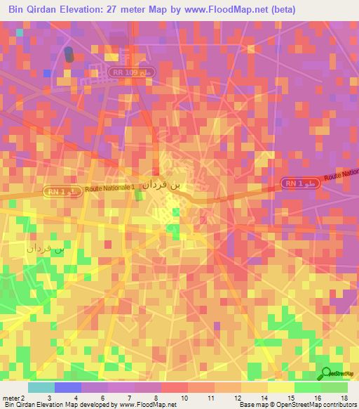 Bin Qirdan,Tunisia Elevation Map