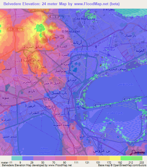 Belvedere,Tunisia Elevation Map