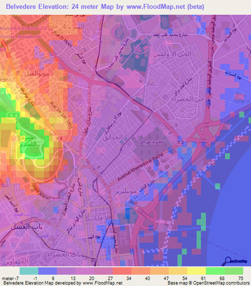 Belvedere,Tunisia Elevation Map