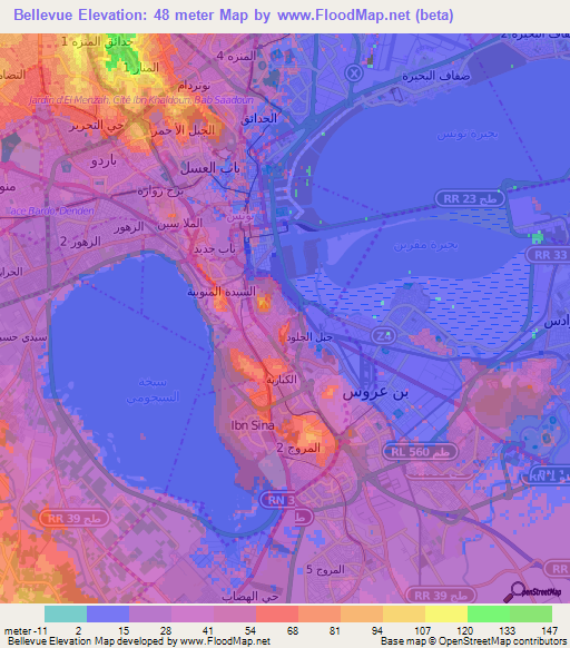 Bellevue,Tunisia Elevation Map