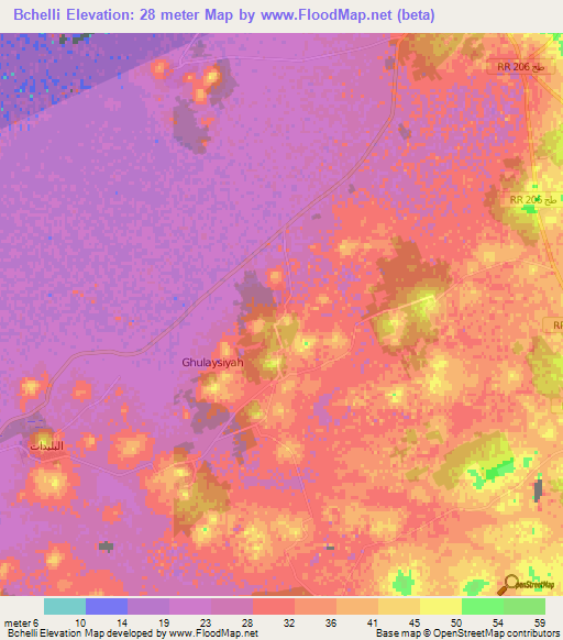 Bchelli,Tunisia Elevation Map