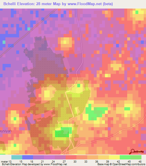 Bchelli,Tunisia Elevation Map