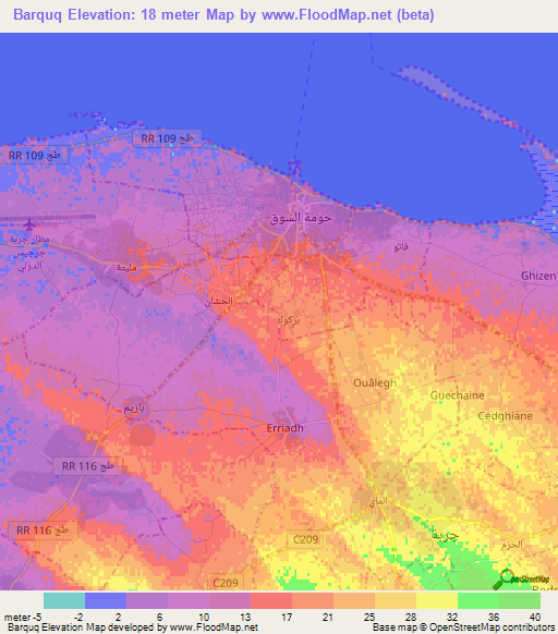 Barquq,Tunisia Elevation Map