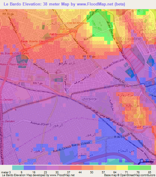 Le Bardo,Tunisia Elevation Map