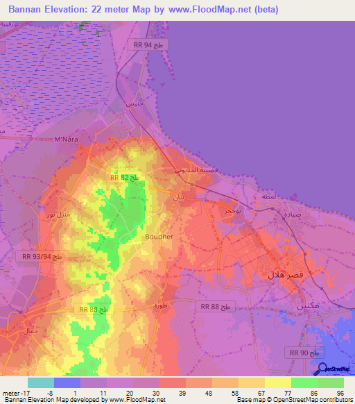 Bannan,Tunisia Elevation Map