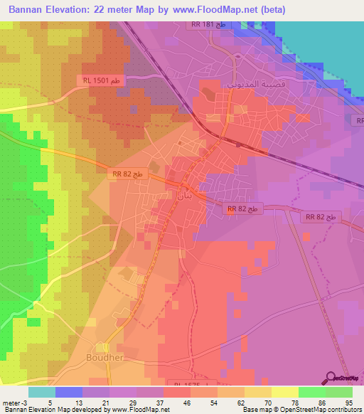 Bannan,Tunisia Elevation Map
