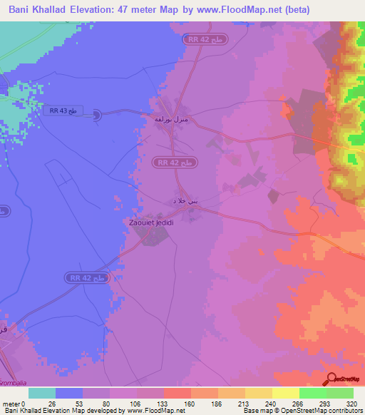 Bani Khallad,Tunisia Elevation Map