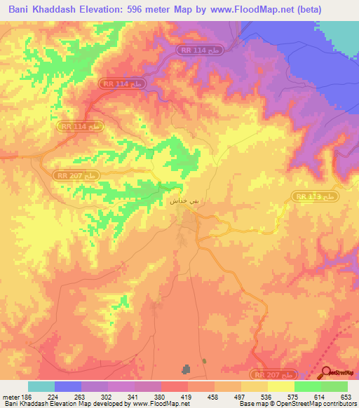 Bani Khaddash,Tunisia Elevation Map