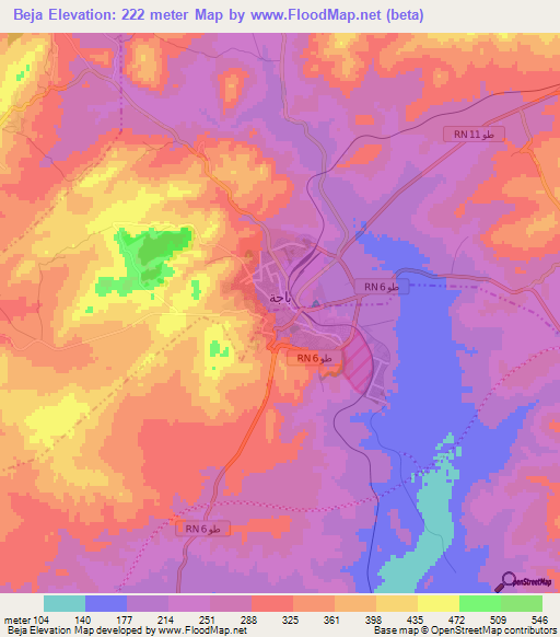 Beja,Tunisia Elevation Map