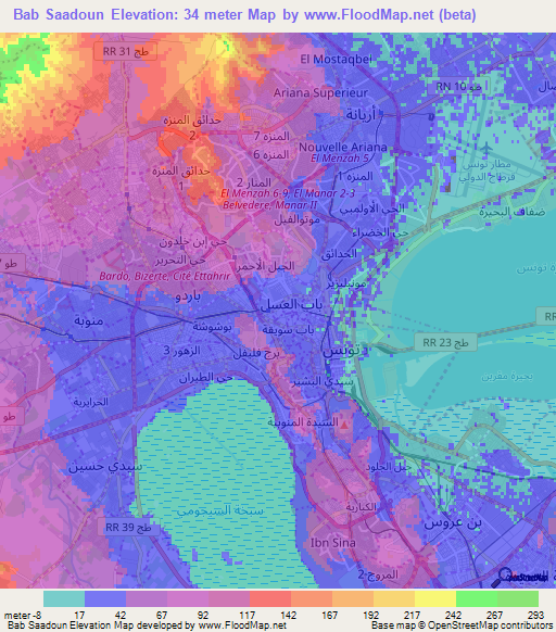 Bab Saadoun,Tunisia Elevation Map