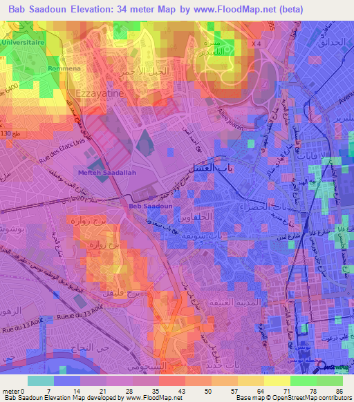 Bab Saadoun,Tunisia Elevation Map