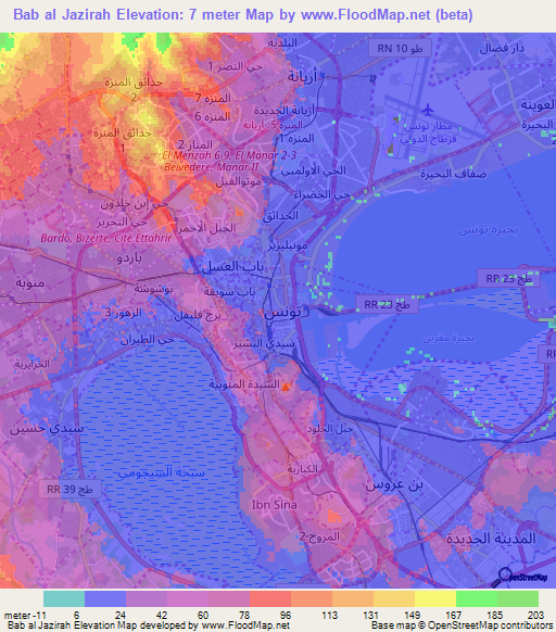 Bab al Jazirah,Tunisia Elevation Map