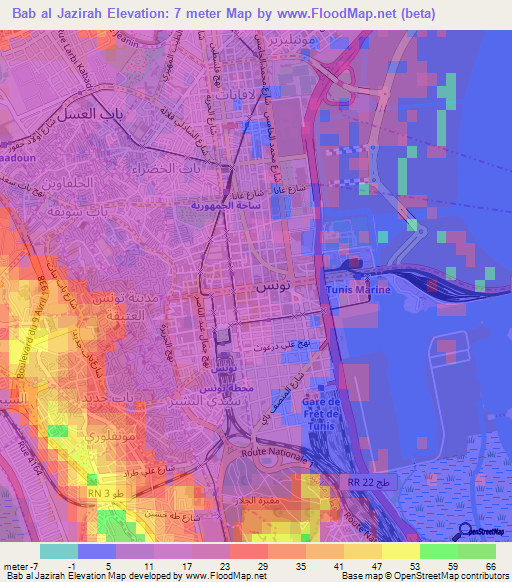 Bab al Jazirah,Tunisia Elevation Map