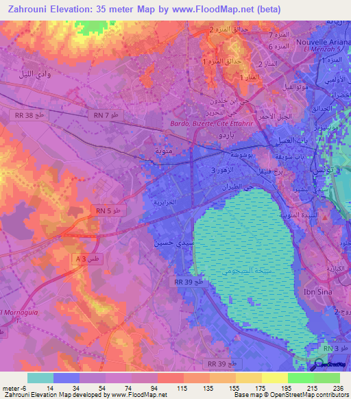 Zahrouni,Tunisia Elevation Map