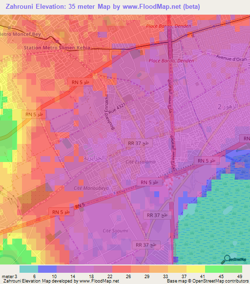 Zahrouni,Tunisia Elevation Map