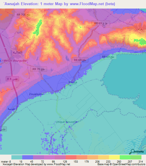 `Awsajah,Tunisia Elevation Map