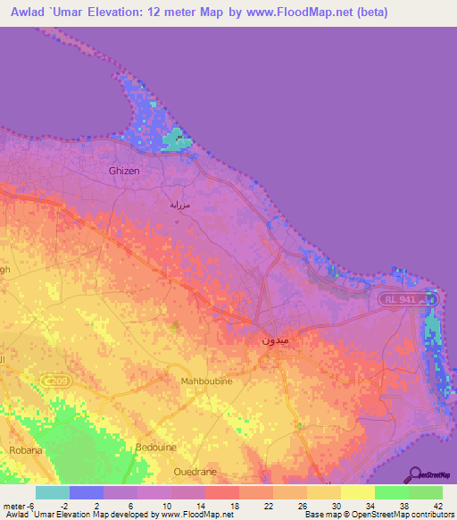 Awlad `Umar,Tunisia Elevation Map