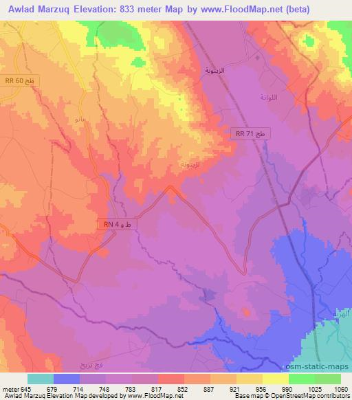 Awlad Marzuq,Tunisia Elevation Map