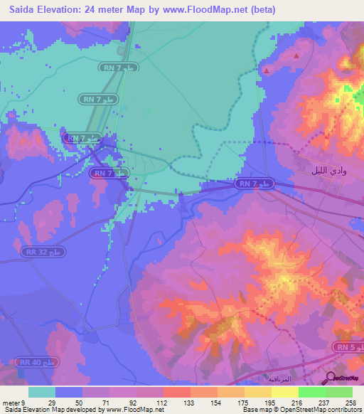 Saida,Tunisia Elevation Map