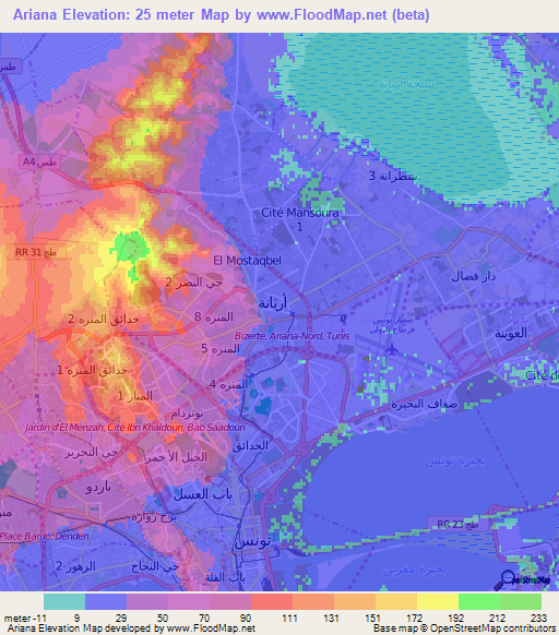Ariana,Tunisia Elevation Map