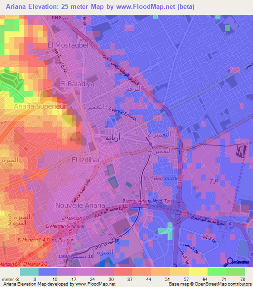 Ariana,Tunisia Elevation Map