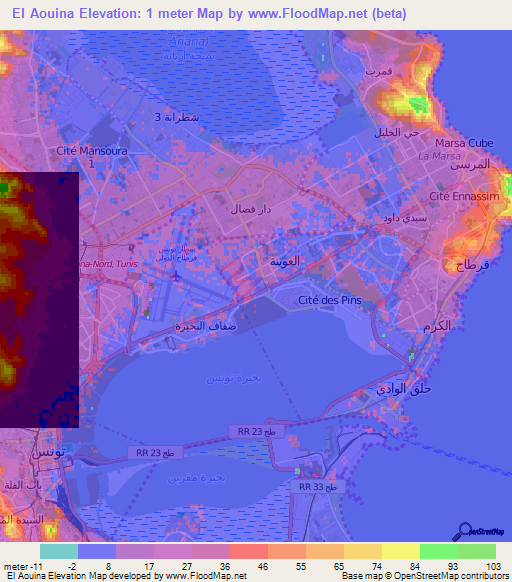 El Aouina,Tunisia Elevation Map