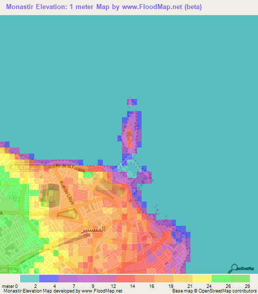 Monastir,Tunisia Elevation Map