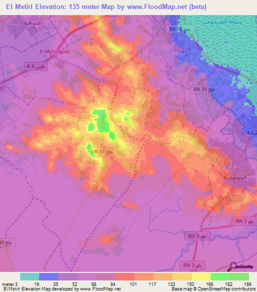 El Mstiri,Tunisia Elevation Map