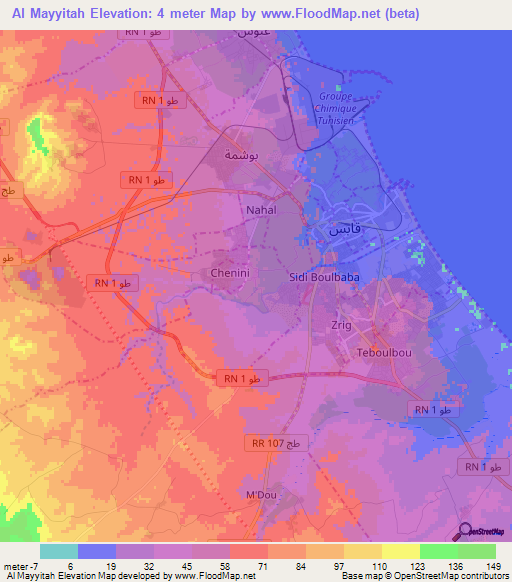 Al Mayyitah,Tunisia Elevation Map