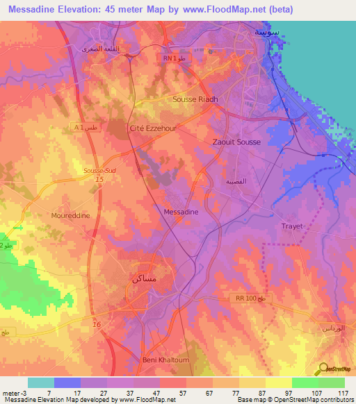Messadine,Tunisia Elevation Map