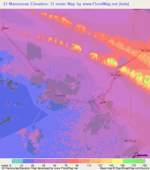 El Mansouraa,Tunisia Elevation Map