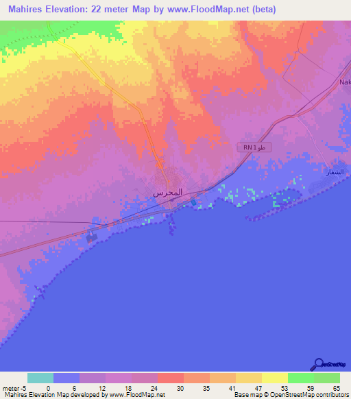 Mahires,Tunisia Elevation Map