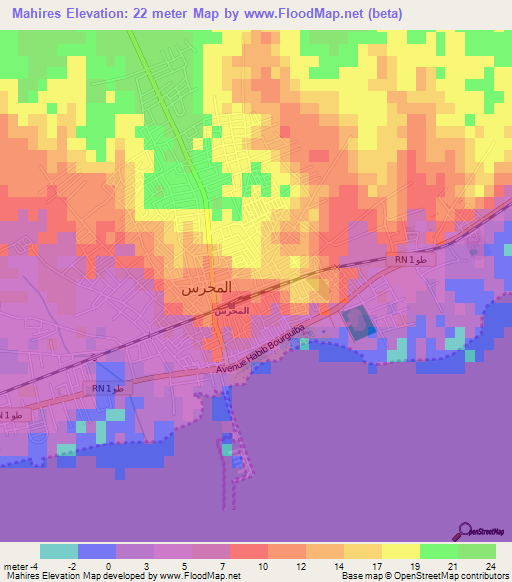 Mahires,Tunisia Elevation Map
