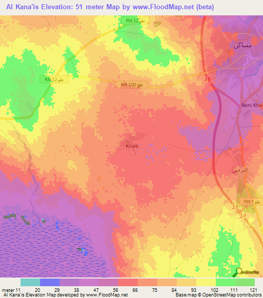 Al Kana'is,Tunisia Elevation Map