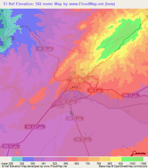 El Kef,Tunisia Elevation Map