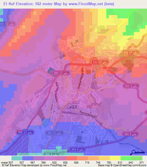 El Kef,Tunisia Elevation Map