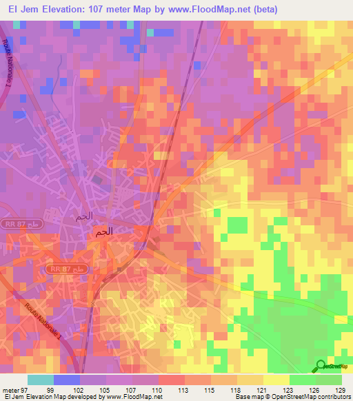 El Jem,Tunisia Elevation Map