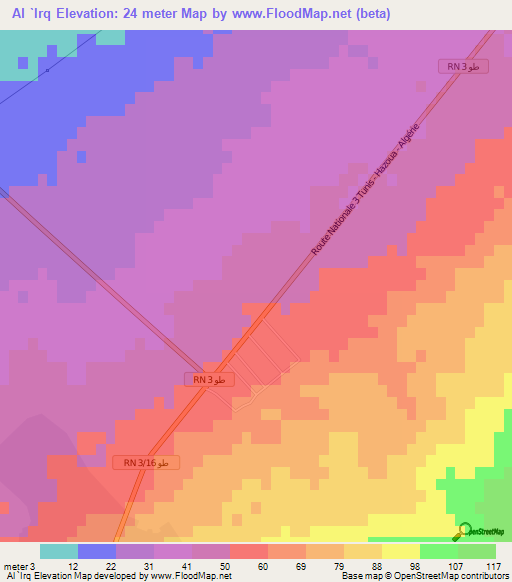 Al `Irq,Tunisia Elevation Map