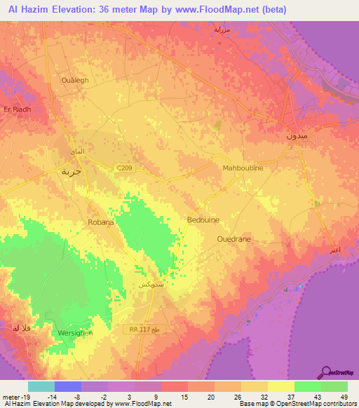 Al Hazim,Tunisia Elevation Map