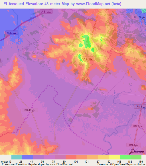 El Assoued,Tunisia Elevation Map