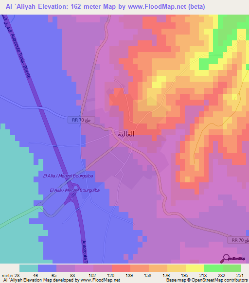 Al `Aliyah,Tunisia Elevation Map