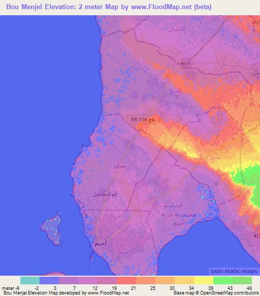 Bou Menjel,Tunisia Elevation Map