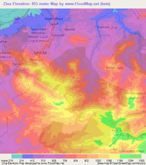 Zina,Algeria Elevation Map