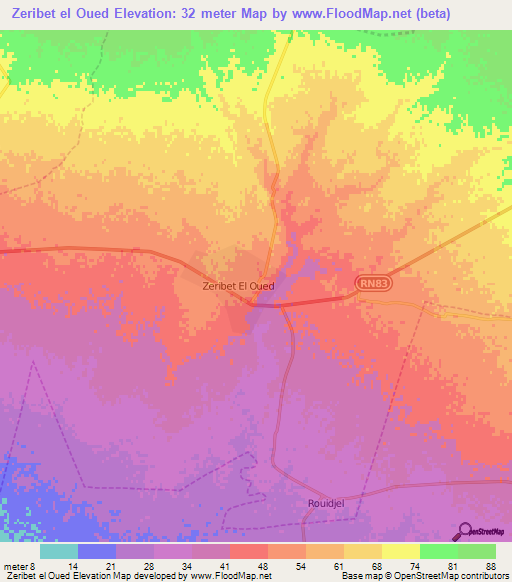 Zeribet el Oued,Algeria Elevation Map