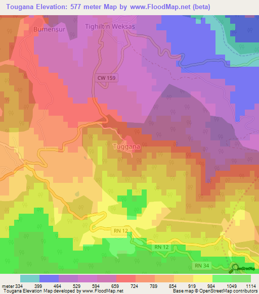 Tougana,Algeria Elevation Map