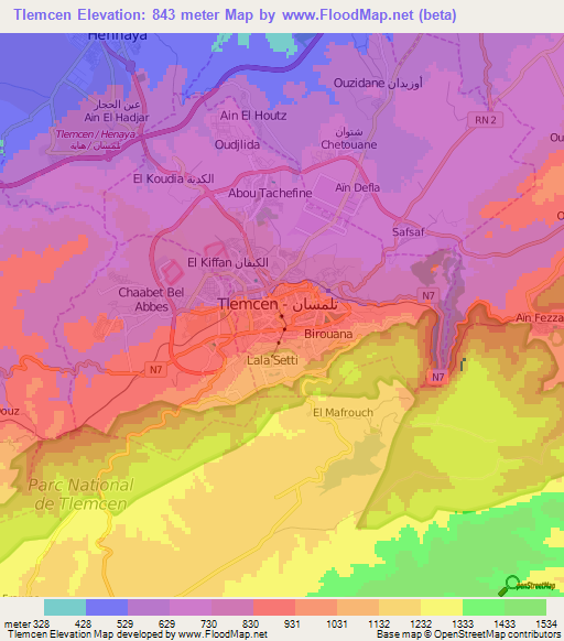 Tlemcen,Algeria Elevation Map