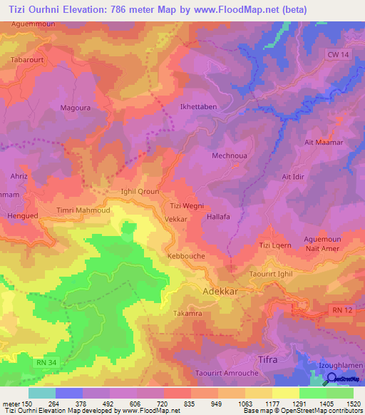 Tizi Ourhni,Algeria Elevation Map